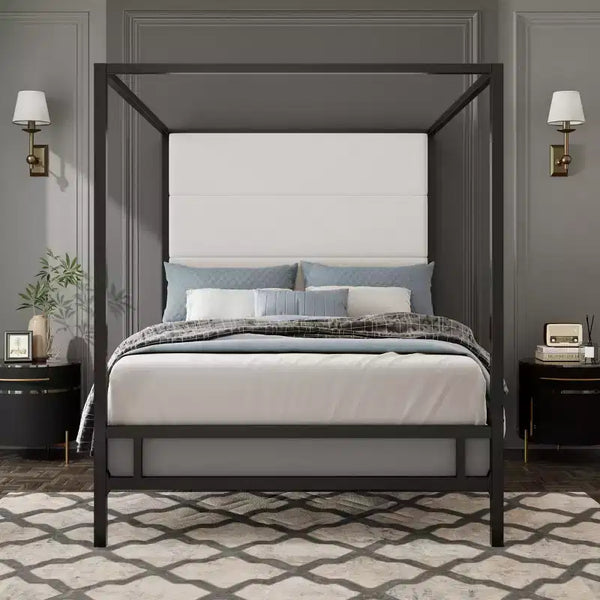Letto a baldacchino Queen/King Size in metallo con struttura a 4 colonne e testiera alta imbottita in tessuto di lino, necessaria la rete a molle, oro+marrone chiaro/nero+bianco