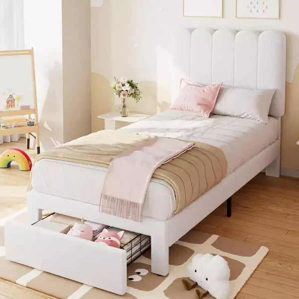 Struttura letto singolo con cassetto contenitore e testiera, struttura letto singolo in velluto imbottito per ragazze, robusto supporto a doghe in legno