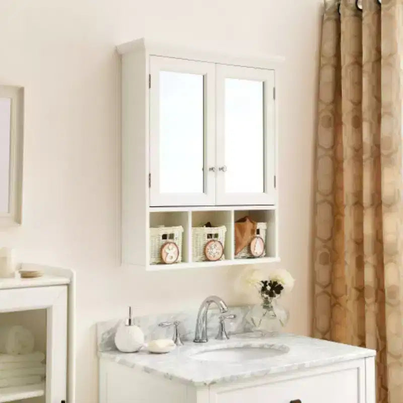 Mobiletto bagno bianco a muro con specchio, 2 ante, 2 ripiani, 3 cestini