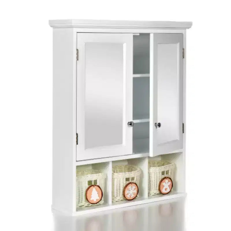 Mobiletto bagno bianco a muro con specchio, 2 ante, 2 ripiani, 3 cestini