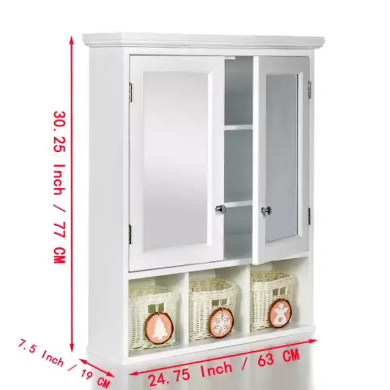 Mobiletto bagno bianco a muro con specchio, 2 ante, 2 ripiani, 3 cestini