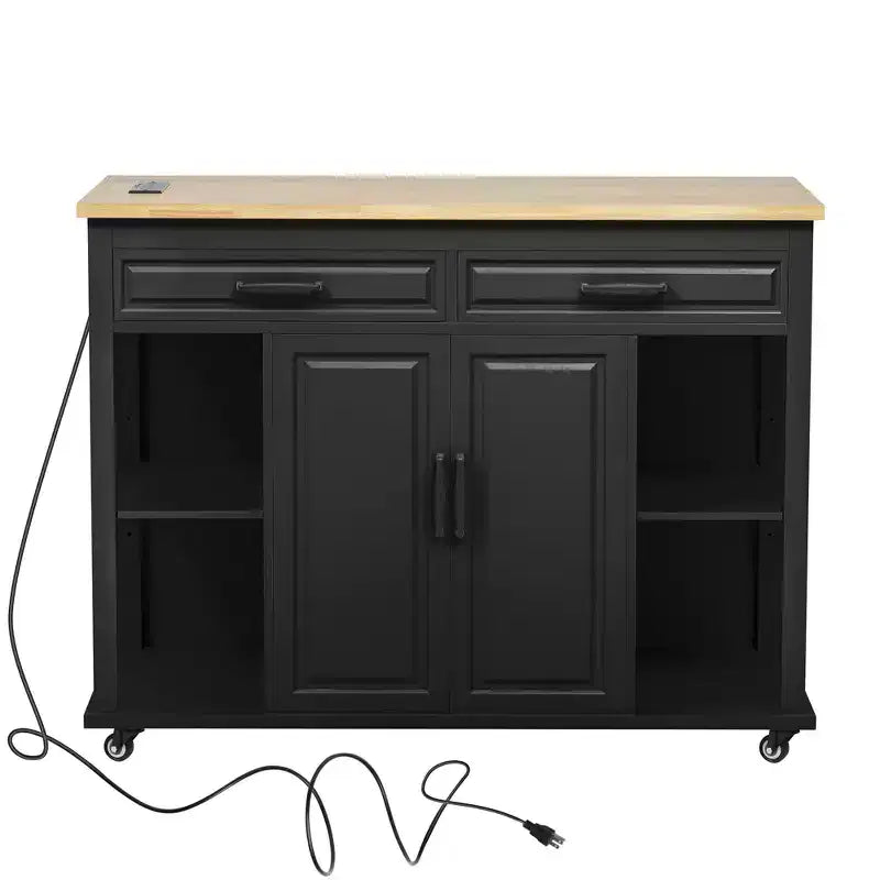 Isola cucina 47" con tavolo da pranzo estensibile, tavolo da cucina impiallacciato in legno di gomma con scaffale portaoggetti e presa di corrente