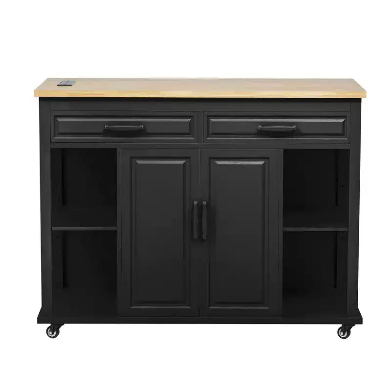 Isola cucina 47" con tavolo da pranzo estensibile, tavolo da cucina impiallacciato in legno di gomma con scaffale portaoggetti e presa di corrente