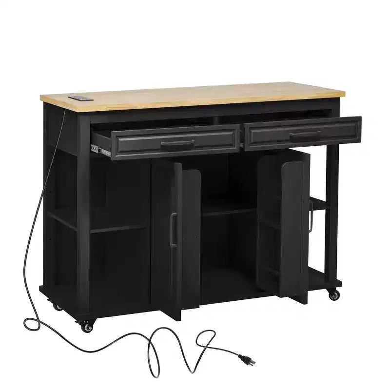Isola cucina 47" con tavolo da pranzo estensibile, tavolo da cucina impiallacciato in legno di gomma con scaffale portaoggetti e presa di corrente