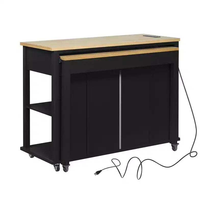 Isola cucina 47" con tavolo da pranzo estensibile, tavolo da cucina impiallacciato in legno di gomma con scaffale portaoggetti e presa di corrente