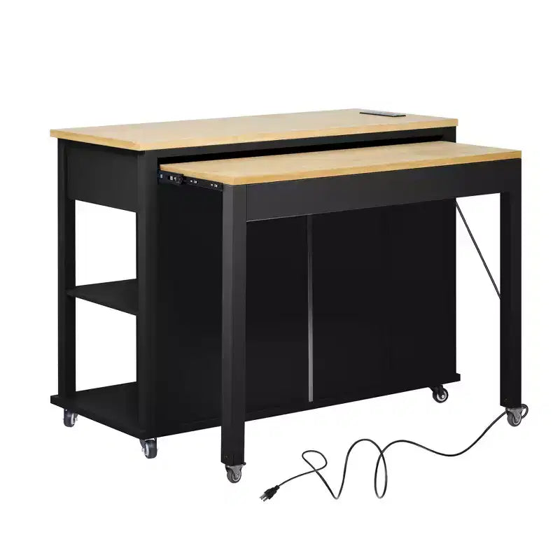 Isola cucina 47" con tavolo da pranzo estensibile, tavolo da cucina impiallacciato in legno di gomma con scaffale portaoggetti e presa di corrente