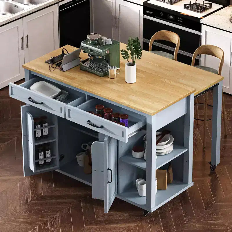 Isola cucina 47" con tavolo da pranzo estensibile, tavolo da cucina impiallacciato in legno di gomma con scaffale portaoggetti e presa di corrente