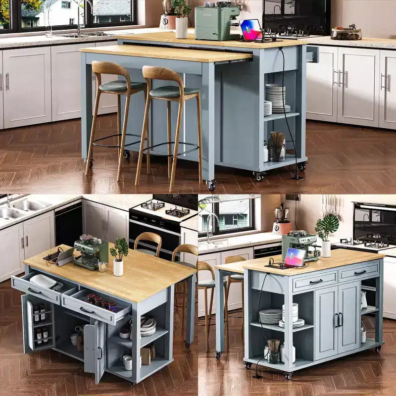 Isola cucina 47" con tavolo da pranzo estensibile, tavolo da cucina impiallacciato in legno di gomma con scaffale portaoggetti e presa di corrente