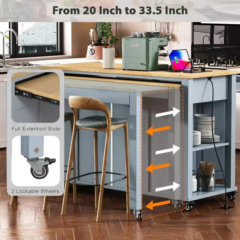 Isola cucina 47" con tavolo da pranzo estensibile, tavolo da cucina impiallacciato in legno di gomma con scaffale portaoggetti e presa di corrente