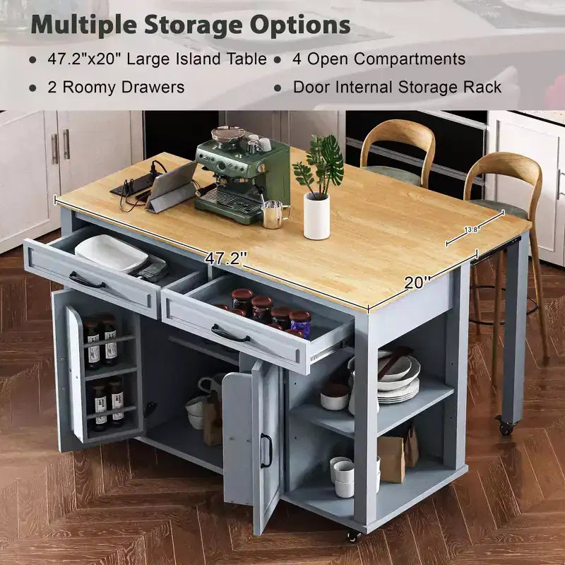 Isola cucina 47" con tavolo da pranzo estensibile, tavolo da cucina impiallacciato in legno di gomma con scaffale portaoggetti e presa di corrente