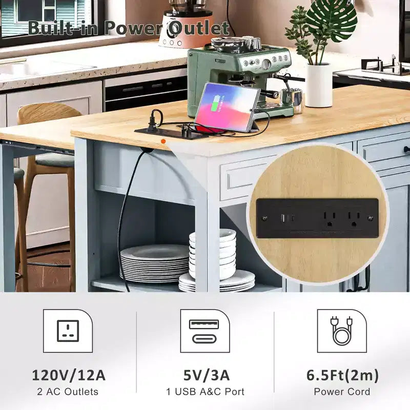 Isola cucina 47" con tavolo da pranzo estensibile, tavolo da cucina impiallacciato in legno di gomma con scaffale portaoggetti e presa di corrente