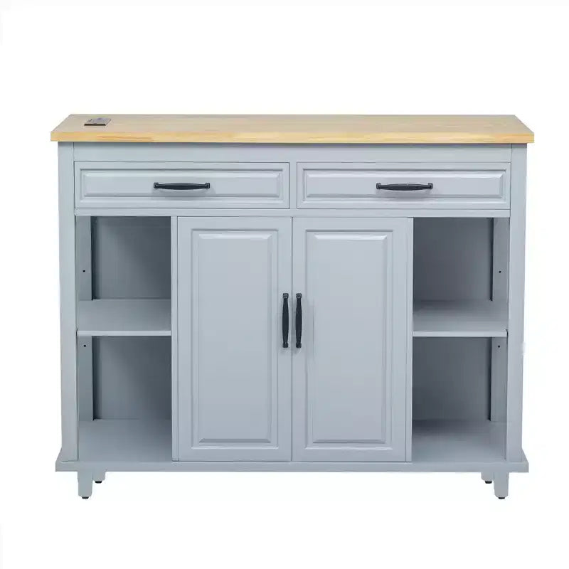 Isola cucina 47" con tavolo da pranzo estensibile, tavolo da cucina impiallacciato in legno di gomma con scaffale portaoggetti e presa di corrente