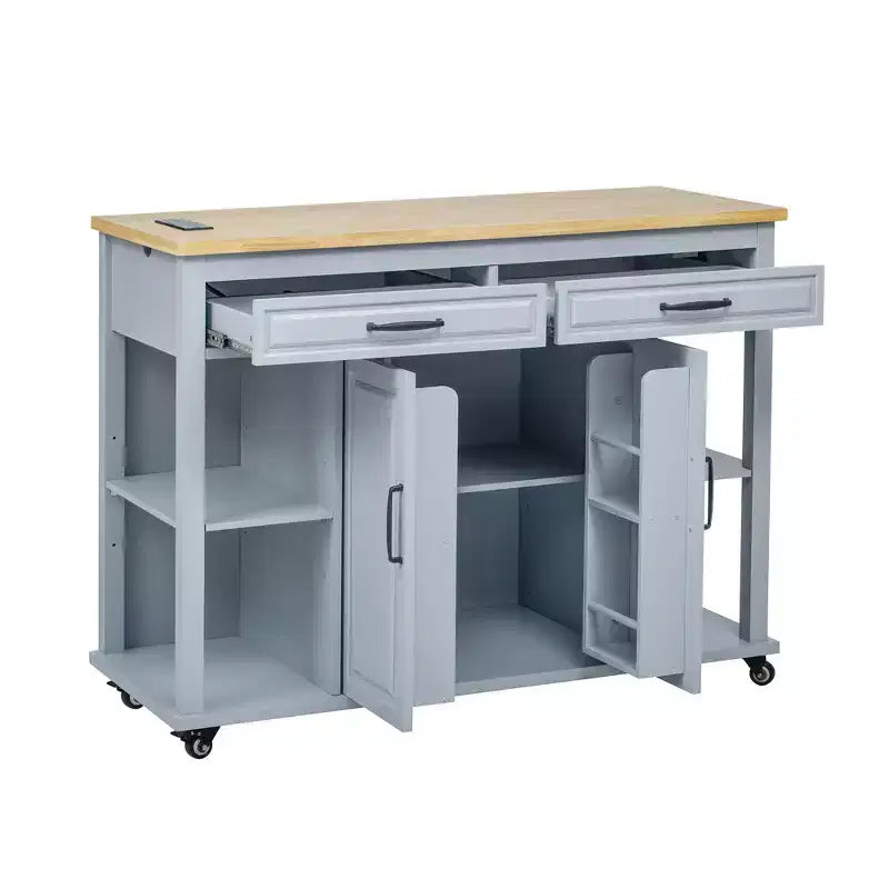 Isola cucina 47" con tavolo da pranzo estensibile, tavolo da cucina impiallacciato in legno di gomma con scaffale portaoggetti e presa di corrente