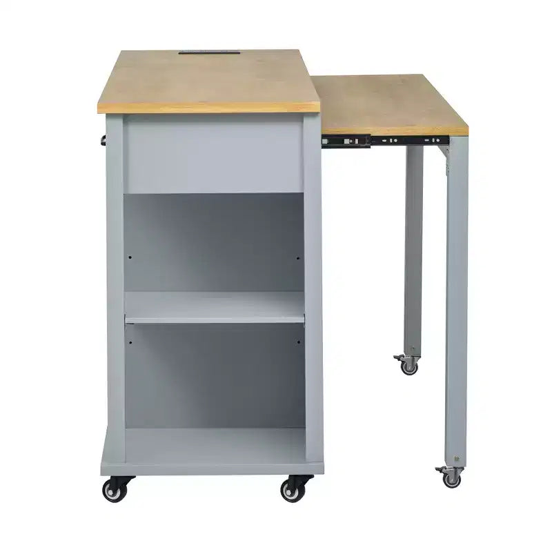 Isola cucina 47" con tavolo da pranzo estensibile, tavolo da cucina impiallacciato in legno di gomma con scaffale portaoggetti e presa di corrente