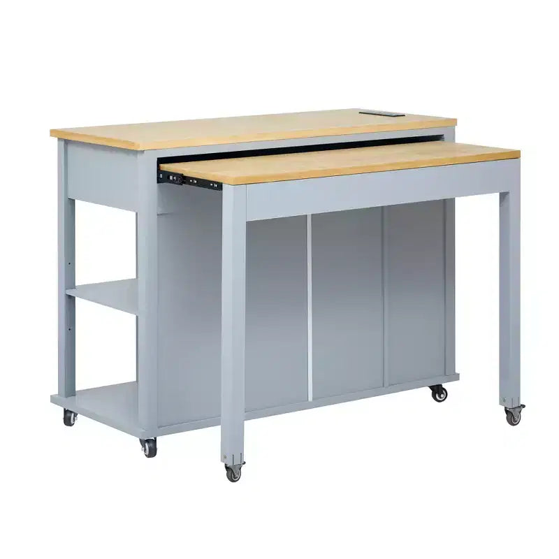 Isola cucina 47" con tavolo da pranzo estensibile, tavolo da cucina impiallacciato in legno di gomma con scaffale portaoggetti e presa di corrente
