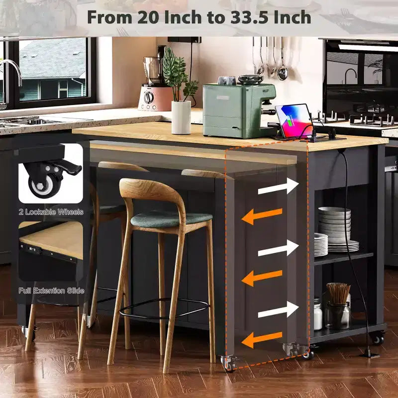 Isola cucina 47" con tavolo da pranzo estensibile, tavolo da cucina impiallacciato in legno di gomma con scaffale portaoggetti e presa di corrente