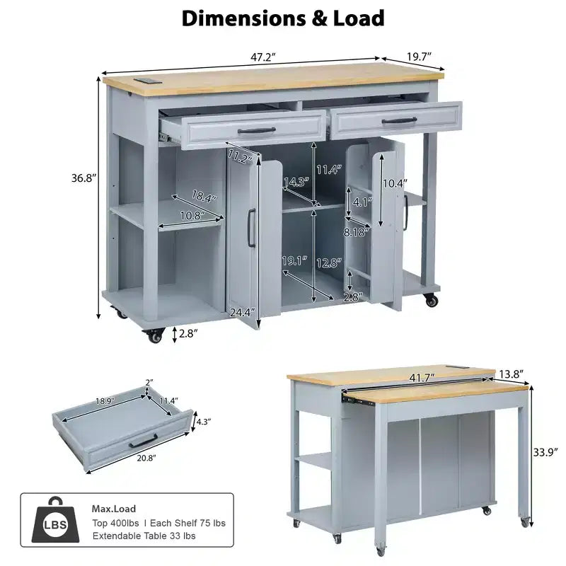 Isola cucina 47" con tavolo da pranzo estensibile, tavolo da cucina impiallacciato in legno di gomma con scaffale portaoggetti e presa di corrente