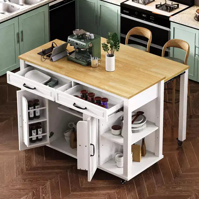 Isola cucina 47" con tavolo da pranzo estensibile, tavolo da cucina impiallacciato in legno di gomma con scaffale portaoggetti e presa di corrente