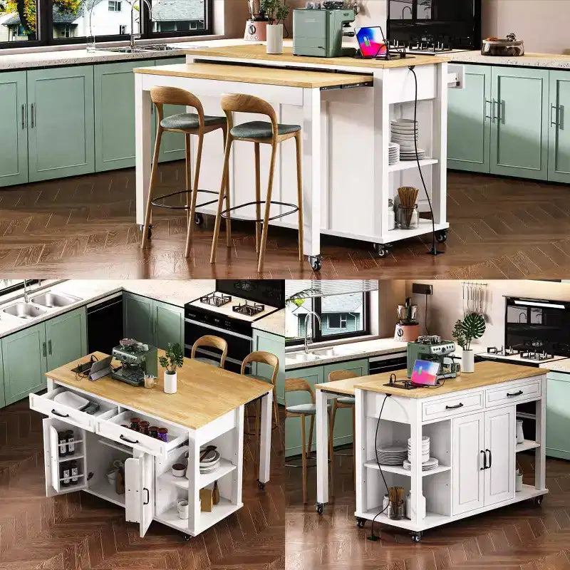 Isola cucina 47" con tavolo da pranzo estensibile, tavolo da cucina impiallacciato in legno di gomma con scaffale portaoggetti e presa di corrente