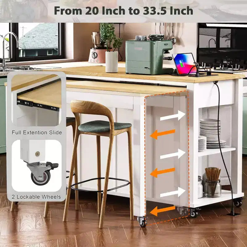 Isola cucina 47" con tavolo da pranzo estensibile, tavolo da cucina impiallacciato in legno di gomma con scaffale portaoggetti e presa di corrente