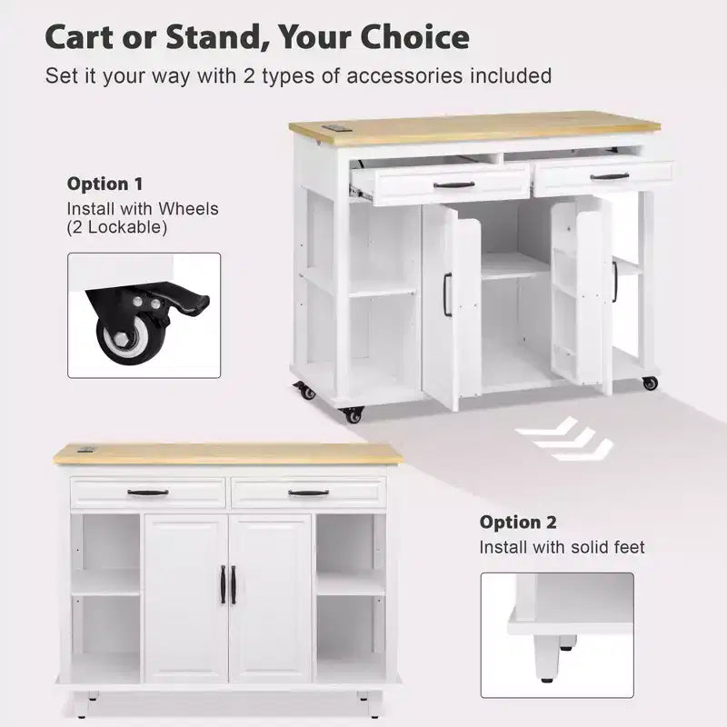 Isola cucina 47" con tavolo da pranzo estensibile, tavolo da cucina impiallacciato in legno di gomma con scaffale portaoggetti e presa di corrente