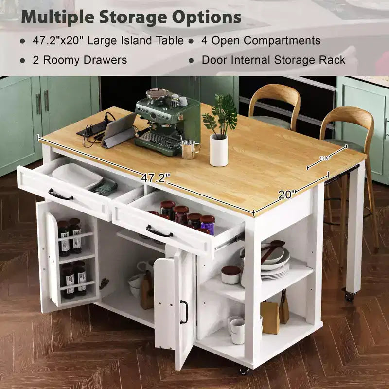 Isola cucina 47" con tavolo da pranzo estensibile, tavolo da cucina impiallacciato in legno di gomma con scaffale portaoggetti e presa di corrente