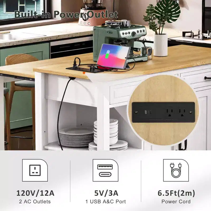 Isola cucina 47" con tavolo da pranzo estensibile, tavolo da cucina impiallacciato in legno di gomma con scaffale portaoggetti e presa di corrente
