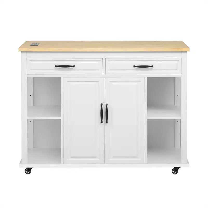 Isola cucina 47" con tavolo da pranzo estensibile, tavolo da cucina impiallacciato in legno di gomma con scaffale portaoggetti e presa di corrente