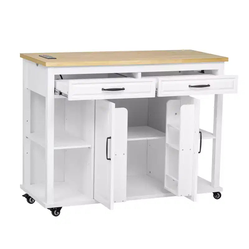 Isola cucina 47" con tavolo da pranzo estensibile, tavolo da cucina impiallacciato in legno di gomma con scaffale portaoggetti e presa di corrente
