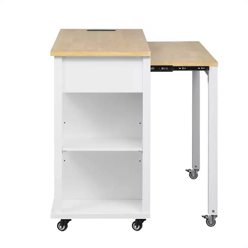 Isola cucina 47" con tavolo da pranzo estensibile, tavolo da cucina impiallacciato in legno di gomma con scaffale portaoggetti e presa di corrente