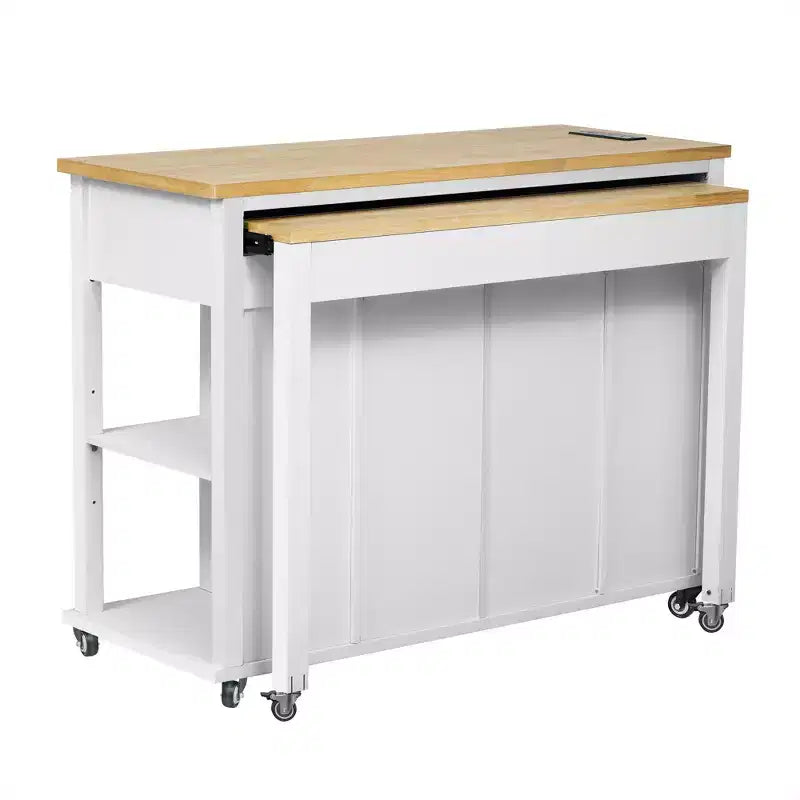 Isola cucina 47" con tavolo da pranzo estensibile, tavolo da cucina impiallacciato in legno di gomma con scaffale portaoggetti e presa di corrente