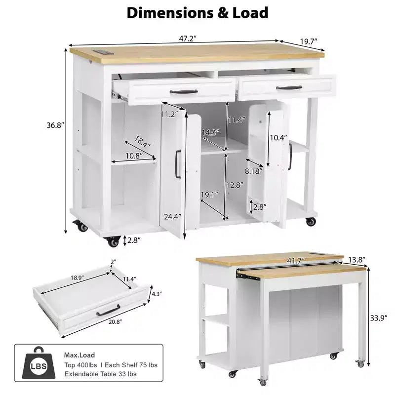 Isola cucina 47" con tavolo da pranzo estensibile, tavolo da cucina impiallacciato in legno di gomma con scaffale portaoggetti e presa di corrente