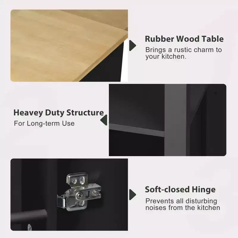 Isola cucina 47" con tavolo da pranzo estensibile, tavolo da cucina impiallacciato in legno di gomma con scaffale portaoggetti e presa di corrente