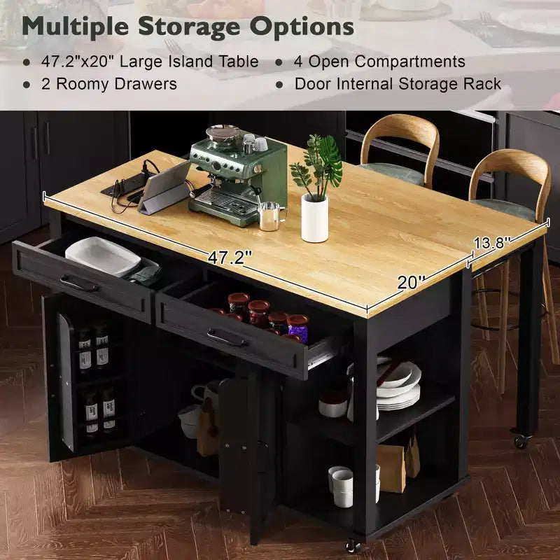 Isola cucina 47" con tavolo da pranzo estensibile, tavolo da cucina impiallacciato in legno di gomma con scaffale portaoggetti e presa di corrente