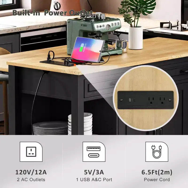 Isola cucina 47" con tavolo da pranzo estensibile, tavolo da cucina impiallacciato in legno di gomma con scaffale portaoggetti e presa di corrente