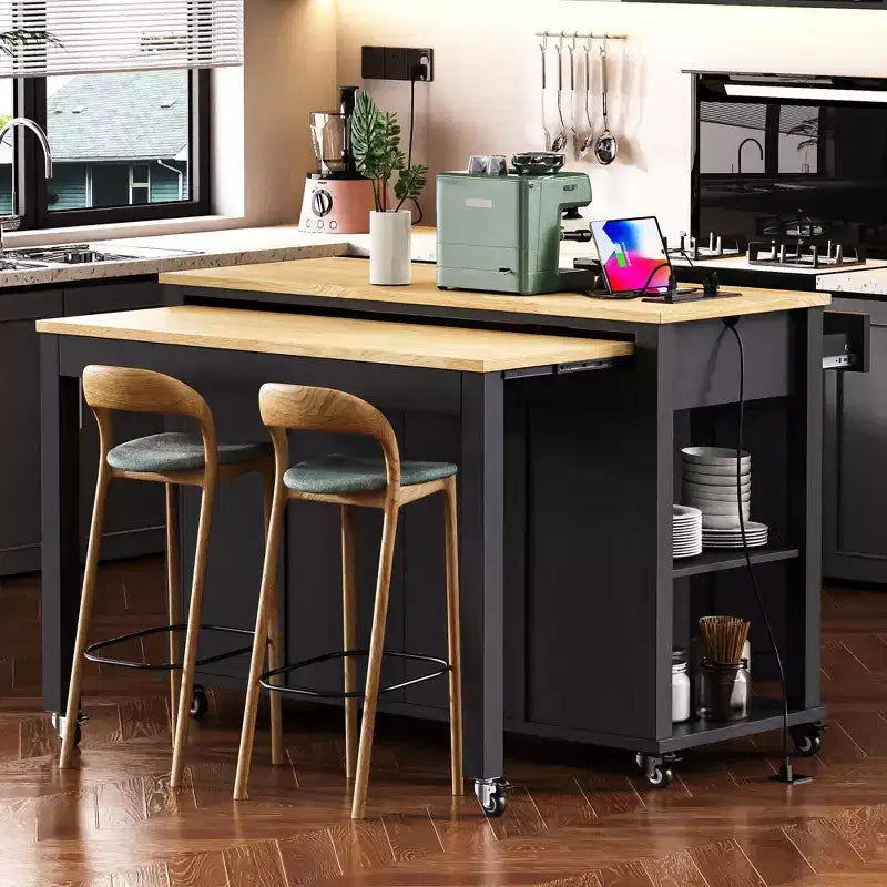Isola cucina 47" con tavolo da pranzo estensibile, tavolo da cucina impiallacciato in legno di gomma con scaffale portaoggetti e presa di corrente