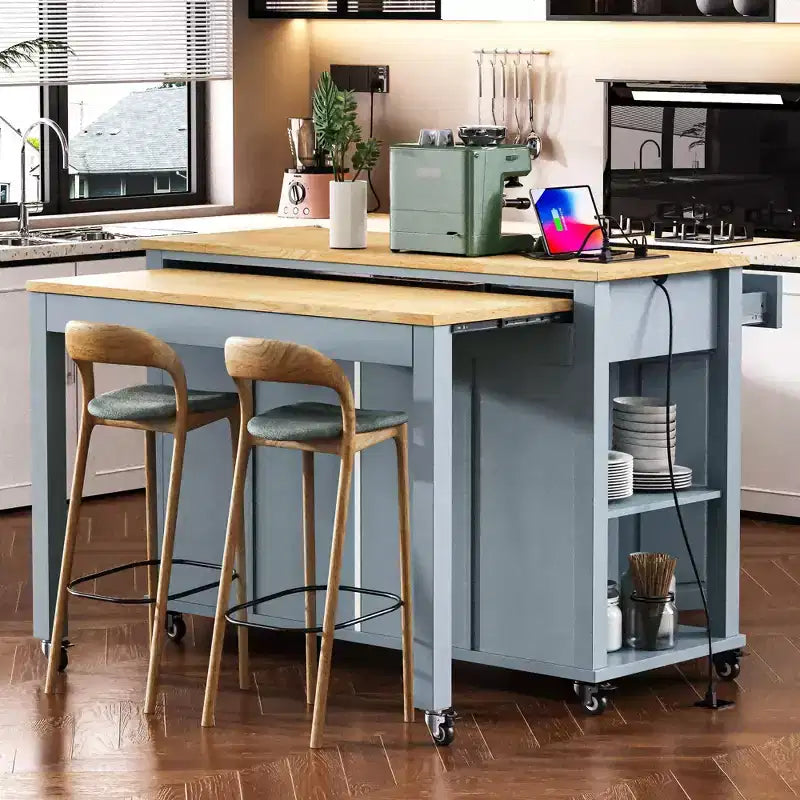 Whisen 47 Kitchen Island with Extendable Dining Table, Rubber Wood Veneer Kitchen Table with Storage Rack and Power Outlet