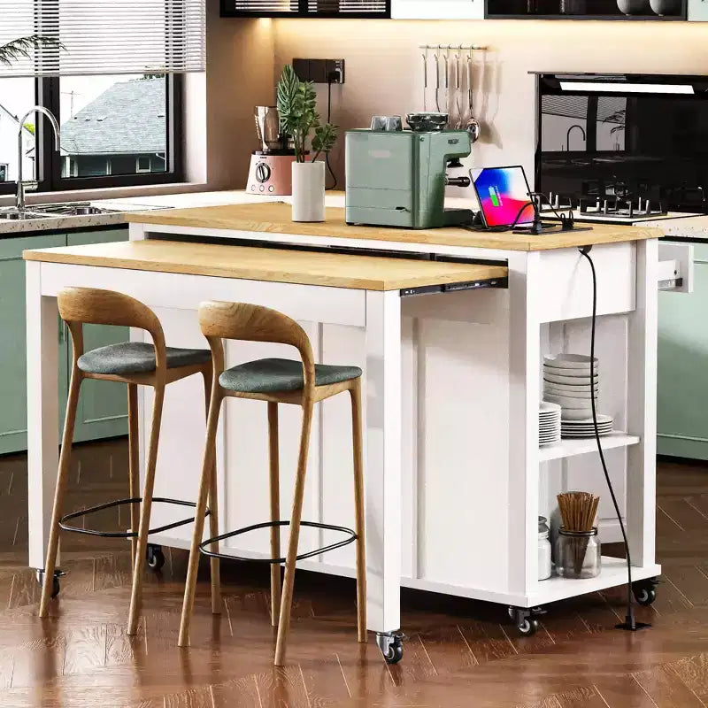 Isola cucina 47" con tavolo da pranzo estensibile, tavolo da cucina impiallacciato in legno di gomma con scaffale portaoggetti e presa di corrente