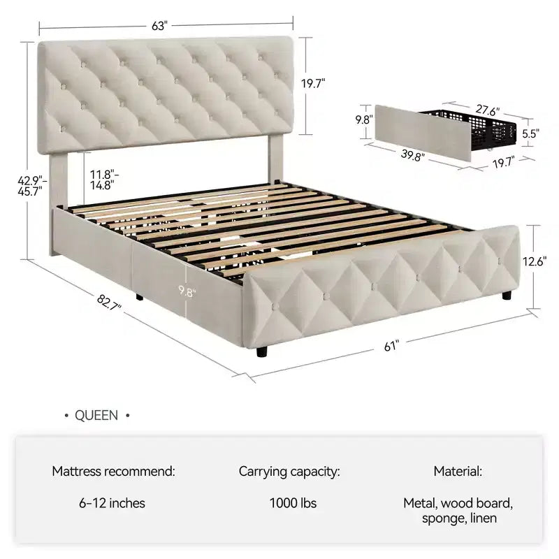 Struttura letto matrimoniale con 4 cassetti contenitore e testiera, base imbottita in lino con supporto a doghe in legno, non necessita di rete a molle