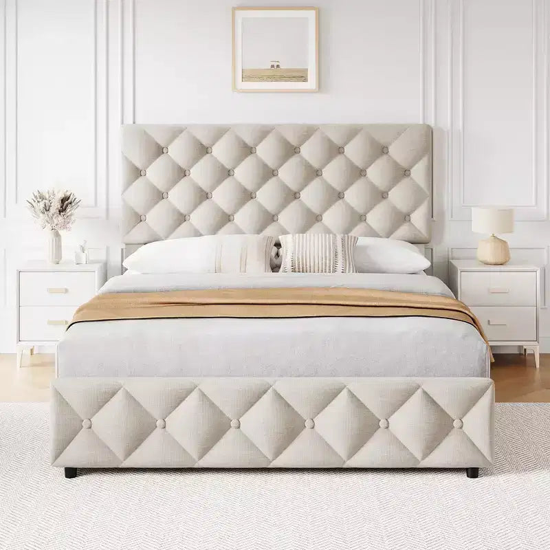 Struttura letto matrimoniale con 4 cassetti contenitore e testiera, base imbottita in lino con supporto a doghe in legno, non necessita di rete a molle