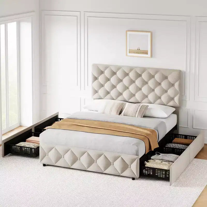 Struttura letto matrimoniale con 4 cassetti contenitore e testiera, base imbottita in lino con supporto a doghe in legno, non necessita di rete a molle