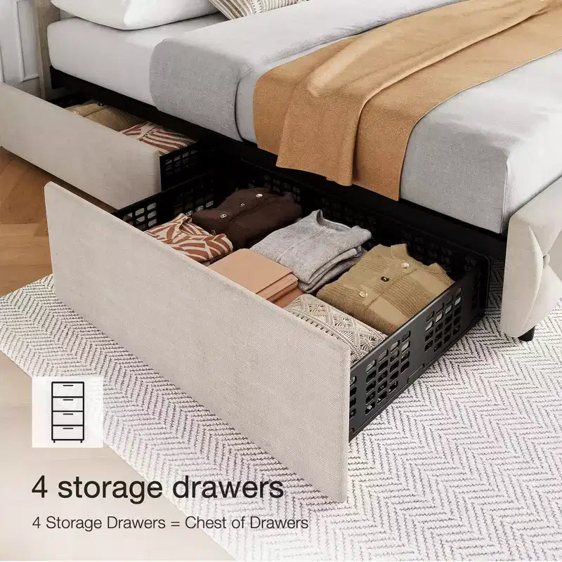 Struttura letto matrimoniale con 4 cassetti contenitore e testiera, base imbottita in lino con supporto a doghe in legno, non necessita di rete a molle