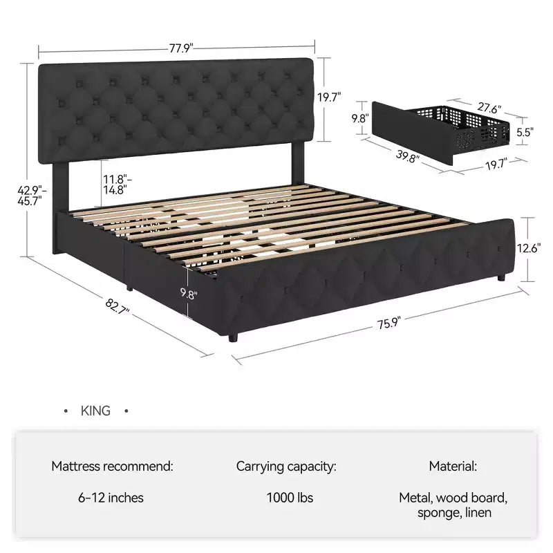 Struttura letto matrimoniale con 4 cassetti contenitore e testiera, base imbottita in lino con supporto a doghe in legno, non necessita di rete a molle