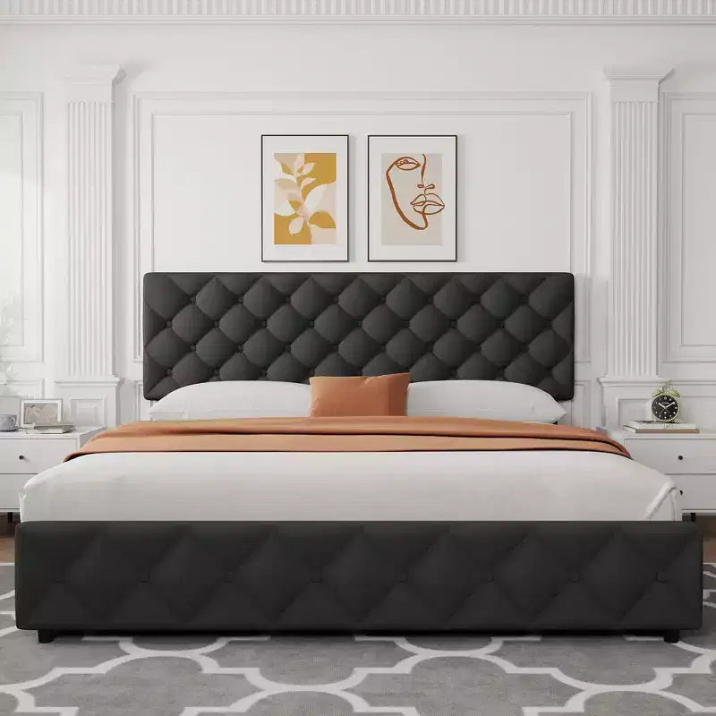 Struttura letto matrimoniale con 4 cassetti contenitore e testiera, base imbottita in lino con supporto a doghe in legno, non necessita di rete a molle