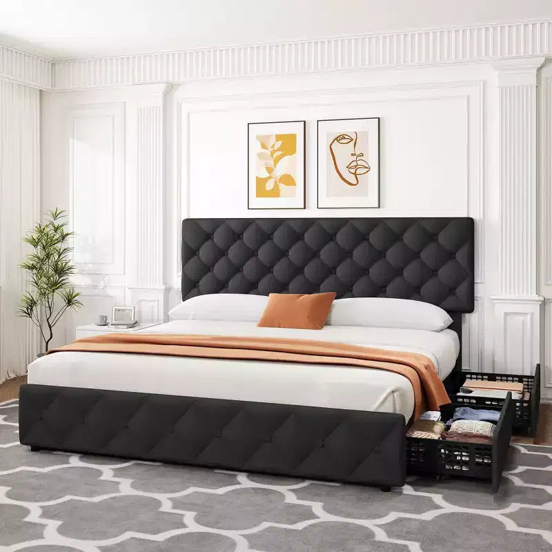 Struttura letto matrimoniale con 4 cassetti contenitore e testiera, base imbottita in lino con supporto a doghe in legno, non necessita di rete a molle