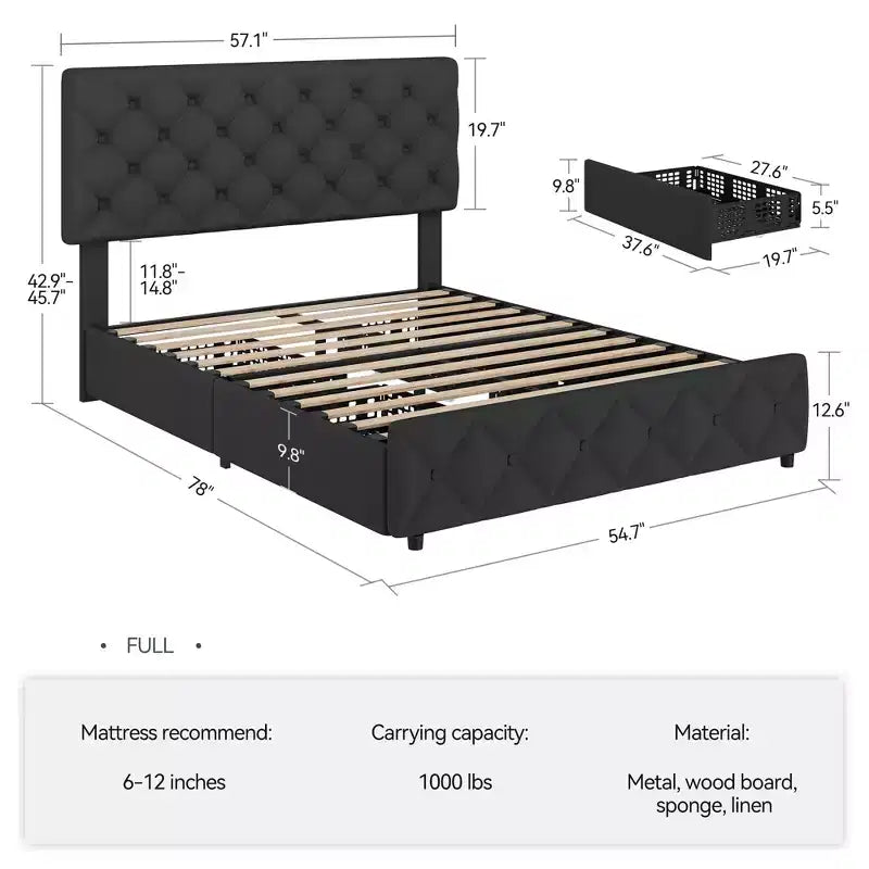 Struttura letto matrimoniale con 4 cassetti contenitore e testiera, base imbottita in lino con supporto a doghe in legno, non necessita di rete a molle