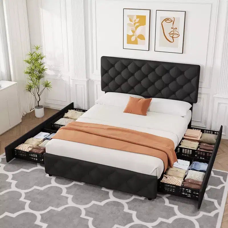 Struttura letto matrimoniale con 4 cassetti contenitore e testiera, base imbottita in lino con supporto a doghe in legno, non necessita di rete a molle