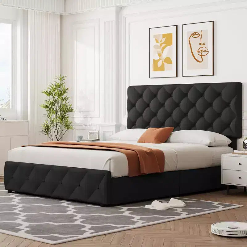 Struttura letto matrimoniale con 4 cassetti contenitore e testiera, base imbottita in lino con supporto a doghe in legno, non necessita di rete a molle