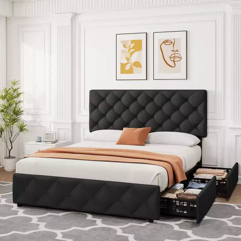 Struttura letto matrimoniale con 4 cassetti contenitore e testiera, base imbottita in lino con supporto a doghe in legno, non necessita di rete a molle
