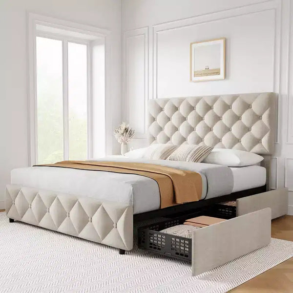 Full Size Bed Frame with 4 Storage Drawers and Headboard, Linen Upholstered Platform with Wooden Slats Support, No Box Spring Needed